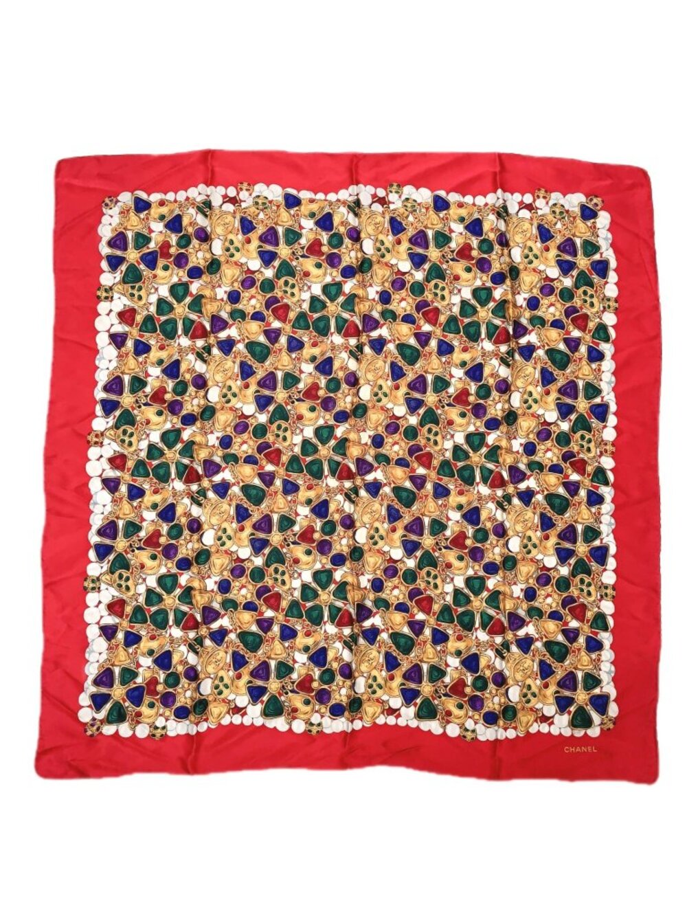 Chanel Silk Scarf Large CC Logo Gripoix Pattern Red Multicolor